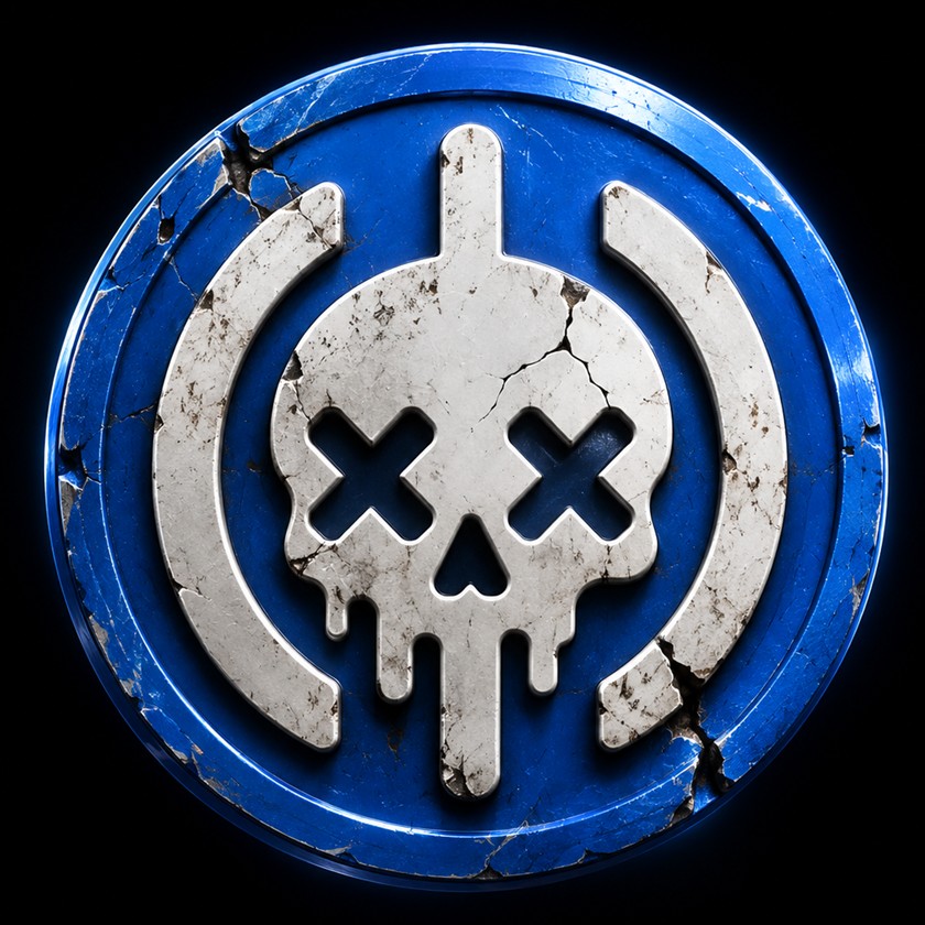 Cracked blue coin with a distressed white skull and X-shaped eyes